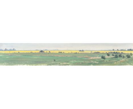 Friedel Anderson (Oberhausen 1954). Bei Banz im Wieker Bodden. 1990. Öl/Hartfaser. 10,5 x 57 cm. R. u. monogr. und dat. FA 12