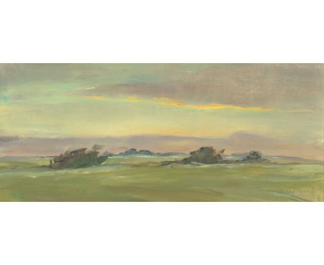 Frauke Gloyer (Flensburg 1961). Landschaft bei Dämmerung. 1989. Öl/Lw./Hartfaser. 22,5 x 50 cm. R. u. sign. und dat. F. Gloye