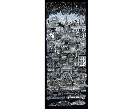 Charles Fazzino (New York 1955). Manhattan/Frankfurt. 2012. Unikat. Mischtechnik/Lw. und Collage in mehreren Ebenen. 100 x 30