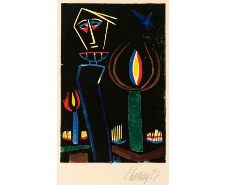 Karl Lorenz (Hamburg 1888 - Hamburg 1961). Das große Licht. 1927. Aquarellierter Holzschnitt. 48 x 31,5 cm. R. u. mit Bleisti