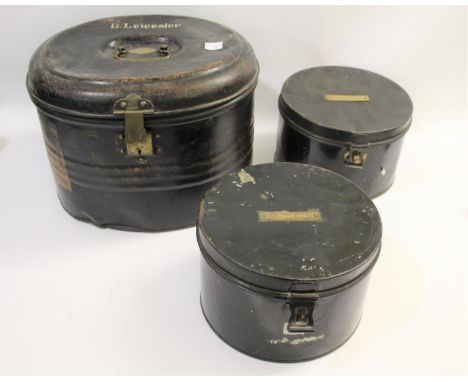 VINTAGE VINTAGE HAT BOXES including 2 similar black metal boxes with brass name plaques (R A Cameron and S Bunn), and 2 large