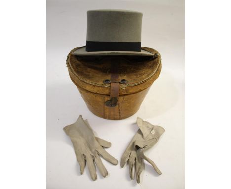 VINTAGE LEATHER HAT BOX &amp; TOP HAT a vintage hat box with velvet lining, with a Dunn &amp; Co 6 7/8 Grey Top Hat, and a pa