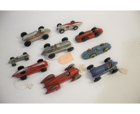 DINKY TOYS 9 early Dinky Toys racing car models, includes 23e Speed of the Wind in red with black hubs, 23d Auto-Union in red