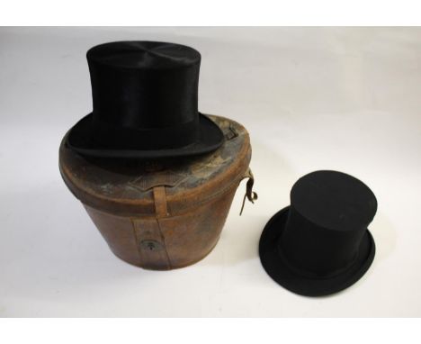 LEATHER HAT BOX &amp; TOP HAT a vintage leather hat box with brass lock, also with a black top hat by Lock &amp; Co, London, 