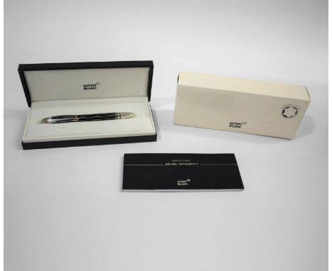 MONT BLANC FOUNTAIN PEN - BOXED a fountain pen with a AU 585 (14k) nib and a black and silver coloured shaft, in a fitted box