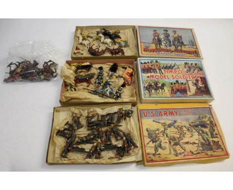 TIMPO SOLDIERS a qty of Timpo soldiers, No KN1 Knights in Armour, No 932 US Army Series, No 241 Hopalong Cassidy Western Seri