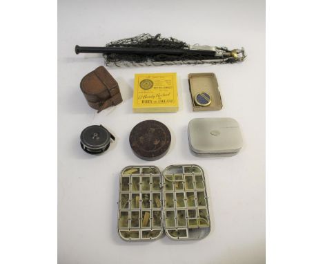 VINTAGE FISHING ITEMS including a Foster Bros 2 3/4" reel, a vintage leather fishing reel case (for a small reel), Hardy bake