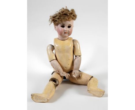 FRENCH CLOSED MOUTH BISQUE HEAD DOLL possibly Jumeau, a large doll with closed mouth and pierced applied ears, the eyes are l