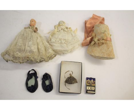 19THC MINIATURE PIN DOLL a tiny miniature pin doll with original dress (3cms high overall including dress), also with 2 other