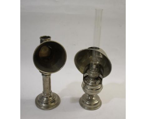 LACE MAKERS LAMP a metal lace makers lamp with cone shaped shade, also with a small lamp with fitting by Rund Brenner Reform,