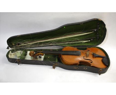 ANTIQUE VIOLIN a full size violin with a two piece back and ebony tuning pegs, bears label inside Konrad Paulus Violin-Maker.