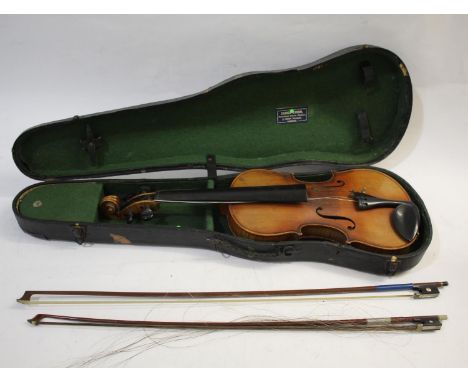 ANTIQUE VIOLIN - STAMPED 'CSA' a full size violin with a two piece back and ebony tuning pegs, stamped on the button CSA (pos