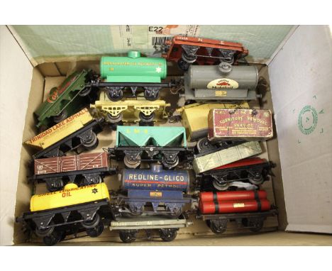 HORNBY O GAUGE 17 items of unboxed rolling stock, including Mobiloil and Castrol Tankers, Redline Glico, Shell Oil etc.