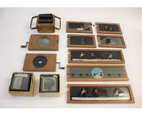 MAGIC LANTERN SLIDES various wooden framed slides including 2 operated by cranks (1 stamped Newton &amp; Co), and some with s