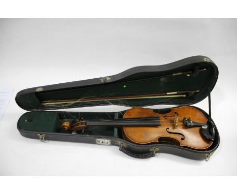 ANTIQUE VIOLIN a full size violin with a two piece back, with a section of ebony around the button and with rosewood tuning p