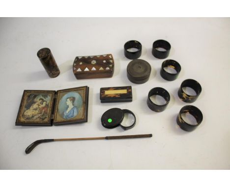 TREEN &amp; COLLECTABLES a mixed lot including a 19thc horn and tortoiseshell snuff box, a fern ware cylindrical box, wooden 