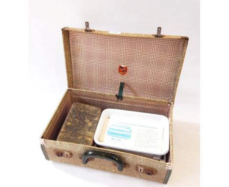 A Royal Household Beam Scale, "simple and easy to use" and tin box with chess pieces within a suitcase 