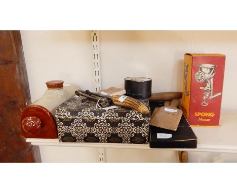 Stoneware hot water bottle, bone-handled sharpening knife and other kitchen tools 