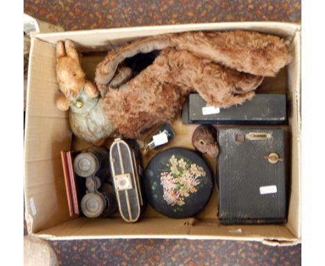 Pair old motoring gloves (af), two small Bavarian carved hardwood model bears, Chiltern Toys Peter Rabbit, folding camera, bo