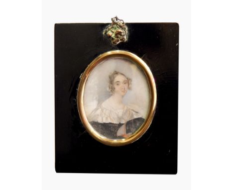 19th century school 
Miniature on ivory
Head and shoulders portrait of a lady in black dress and white fichu, oval, gold-colo