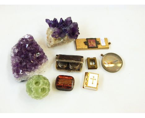 A small Sinclair Micromatic with earpiece, miniature bible, stamp microscope, compass, coin purse, precious stones and other 