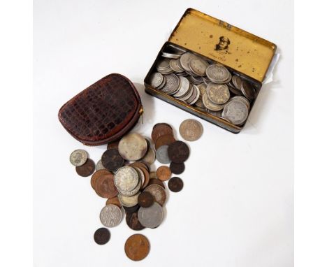 Army club tin with 30oz, mainly Victorian silver coins, some in collectable condition, plus purse of copper and pre-47 silver