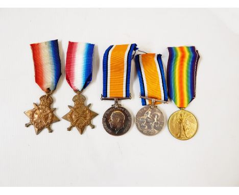 Five WWI medals, including 1914 Star named to "98509. GNR. W. Coles R.A.F", 1914-15 Star "M.10974. W.T. Lamb. S. R. A. R. N" 