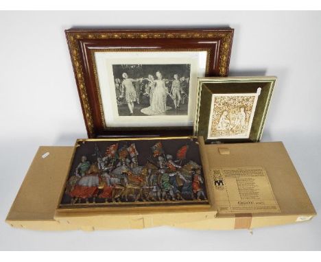 Three decorative Agincourt wall plaques contained in original boxes, one further similar and a framed print after Val Prinsep