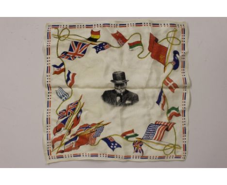 A WW2 silk handkerchief with central portrait of Winston Churchill surrounded by Nation Flags of the Allies 