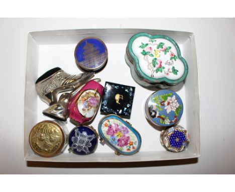 A box containing a silver plated pin cushion in the form of a ladies shoe; a cloisonne pot and cover; an enamel pill box; and