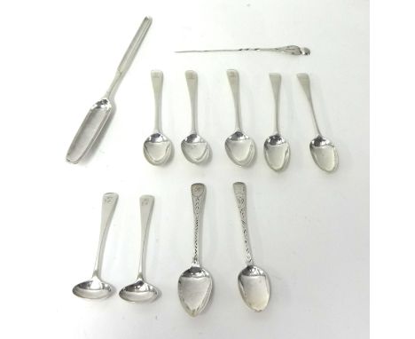 A George II silver marrow scoop, marks erased, London 1758,  crested, seven various Georgian tea spoons, a pair of mustard sp