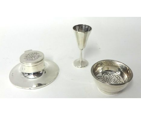 A George III silver part wine funnel, London circa 1790, with pierced bowl, lacking funnel, an Edwardian silver capstan inkwe