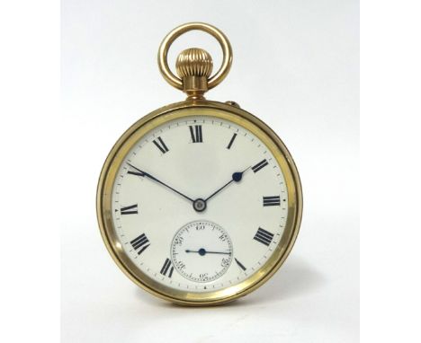 A 9ct gold keyless wound open face pocket watch, Birmingham 1926, the white enamel two part dial with Roman numerals, case.