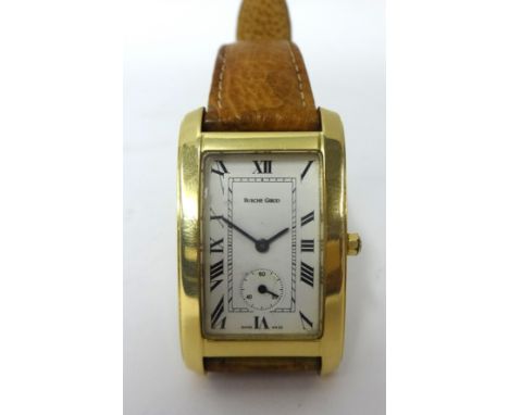 Beuche Girod; an 18ct gold quartz gentlemans wristwatch, case 3004005, model 3004, circa 2000, the rectangular white enamel d