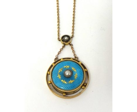 A Victorian gold and enamel pendant, the circular pale blue enamel disc with central pearl, locket back, suspended from pearl