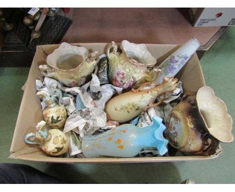 A box of mainly Victorian ceramic vases together with a pair of handpainted jugs decorated with birds and two frosted glass v