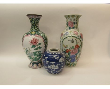 An Oriental style cloisonne vase, modern ceramic vase and blue and white ginger jar (3) 