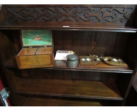 A Gothic influence mahogany book slide with bone and brass mounts together with a rosewood and burr walnut tea caddy with mar