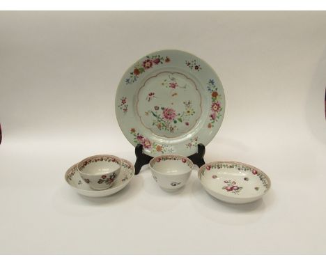 Two late 18th Century handpainted tea bowls and saucers and an Oriental export plate 