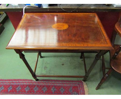 A late Victorian inlaid mahogany lamp table the rectangular top with oval fan patera inlay on bulbous tapering square legs wi