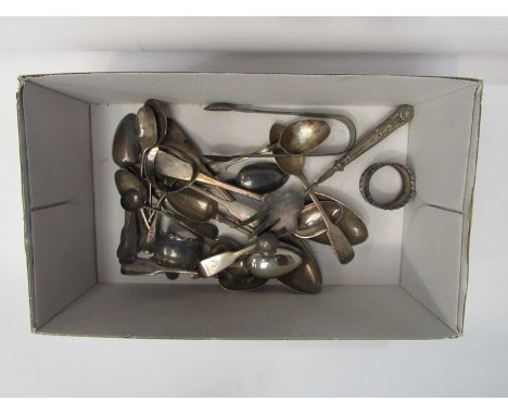 A quantity of silver flatware including napkin rings and a toasting fork 