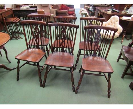 A 19th Century revival set of eight elm seat Thames Valley stick back dining chairs having a wheel back central splat over a 