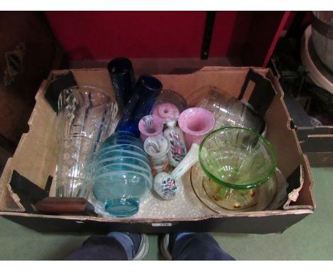 A mixed box of glassware, an Art Deco Czech vase on wooden stand, Webb's glass bowl/vase, Mdina glass, Polish glass, Bagleys 