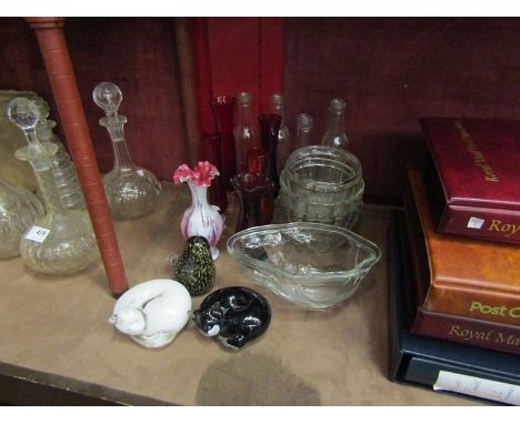 Ruby glasses, three Wedgwood glass animals, four jelly moulds, etc 