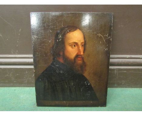 An oil on board portrait of a gentleman "M.JAN HUS. 1415" Partial label and details verso. 30.5cm x 24cm 