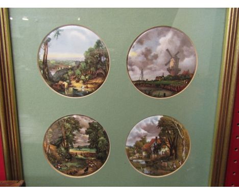 Four ceramic pot lids depicting rural scenes, mounted and framed as one 