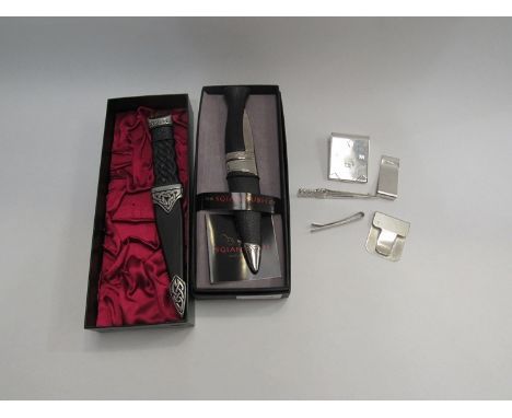 Two ceremonial Sgian Dubh daggers, boxed two silver items to include a money clip marked London, a Matchbox holder marked Bir