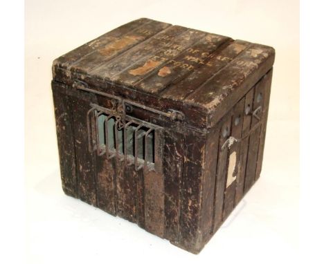 Falconry: An Early 20th Century Bird of Prey Travelling Trunk, of square form constructed from stained pine, with hinged lid,