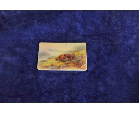 A Royal Worcester porcelain panel painted by H Stinton depicting Highland cattle in a Scottish landscape with loch to the rea