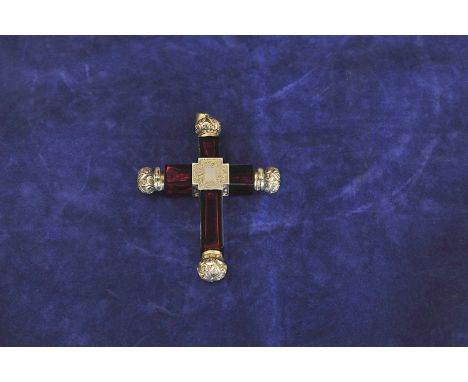 A white metal mounted and ruby glass cross/scent bottle with two screw top sections and two hinged sections. Registration mar